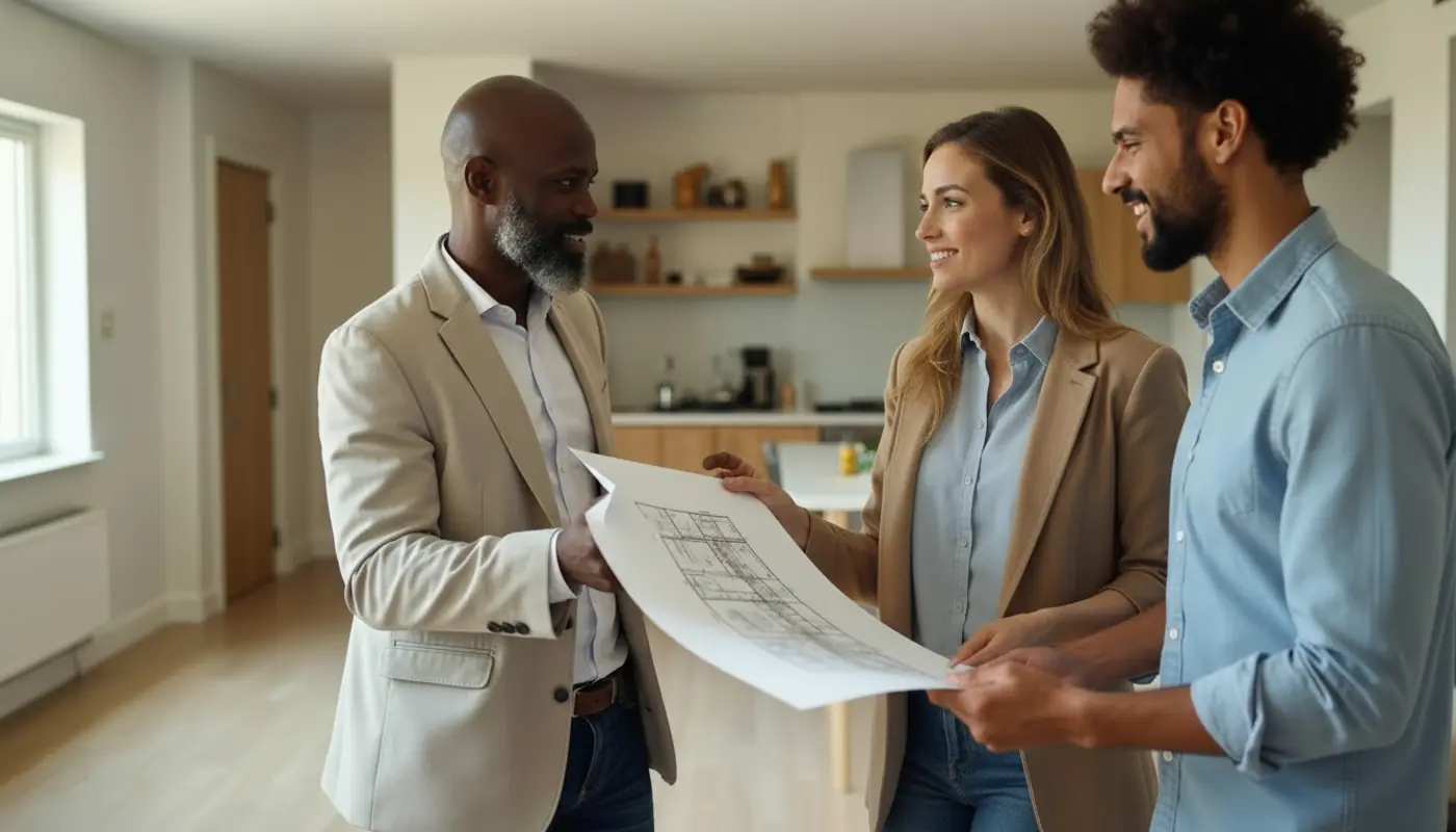 Property expert consulting with homeowners